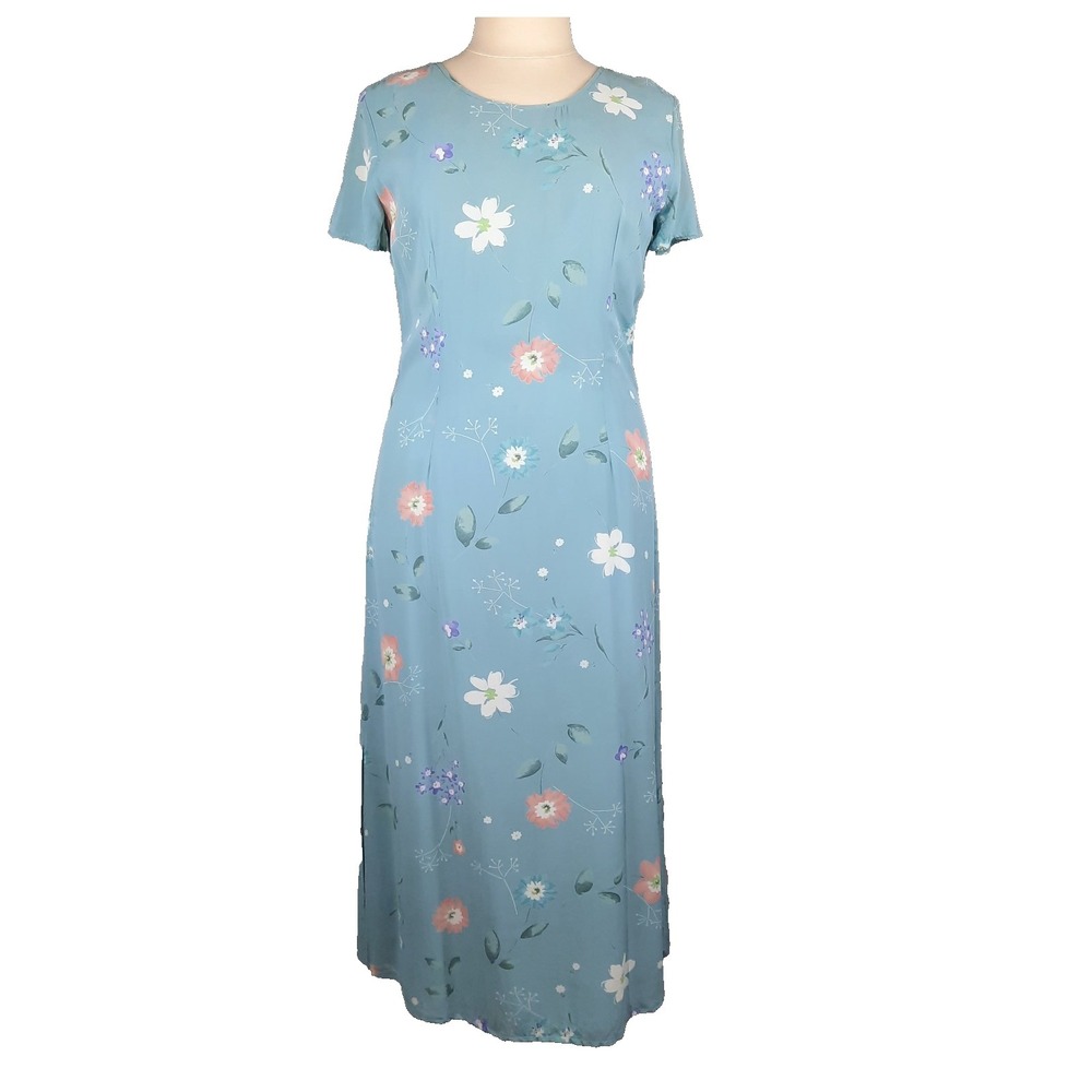 VTG Laura Ashley Maxi Dress Blue Floral Sheer Chiffon Lined Size‎ 12 90s Cottage